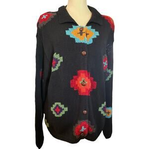 Cambridge Dry Goods Black Cardigan with Red and Green Accents